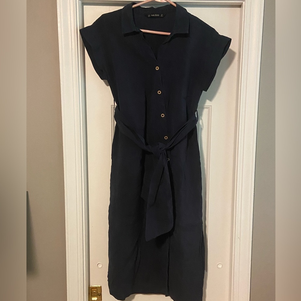 Zara Navy Blue Short Sleeve Shirt Dress with Tie